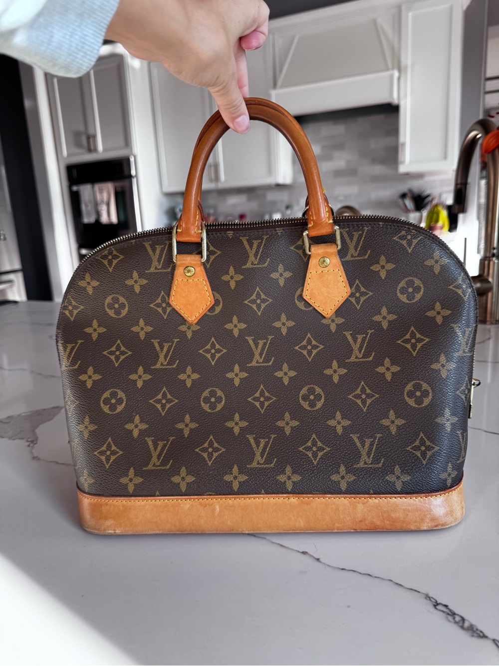 Louis Vuitton Brown Monogram Alma PM Satchel with Tan Trim